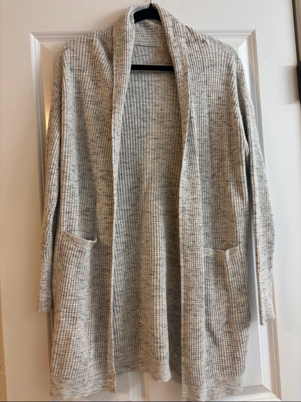 Calia Cozy Ribbed Open-Front Cardigan Sweater - Light Heather Gray